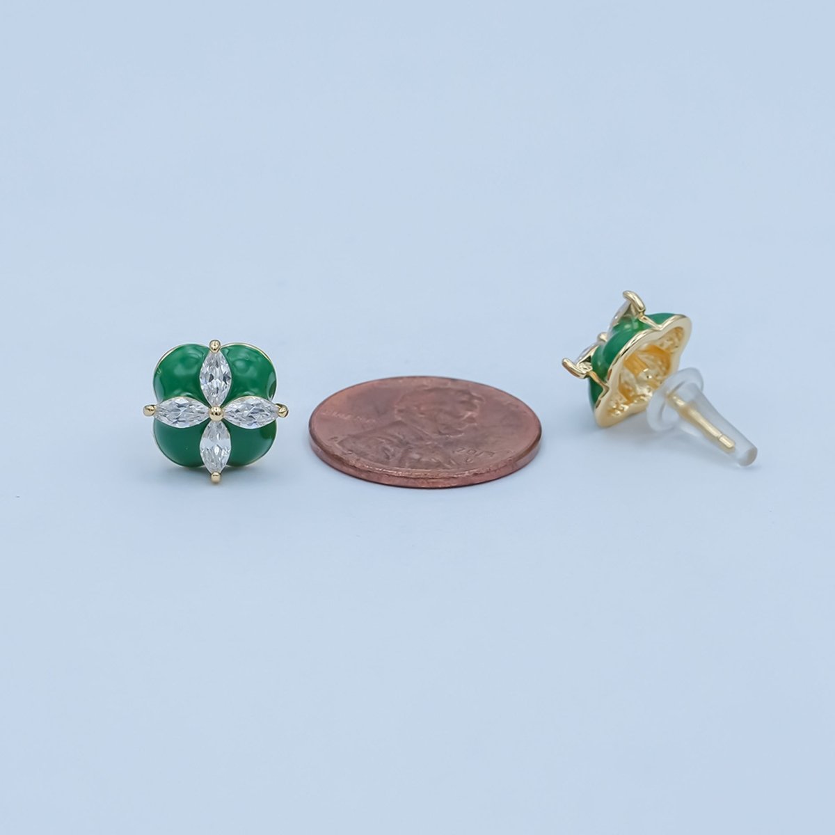 Clear CZ Marquise Red, Green, White Enamel Flower Stud Earrings | AE274 - AE417 - DLUXCA