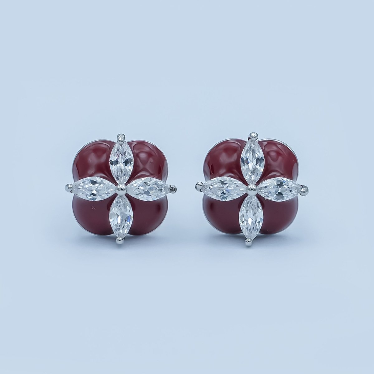 Clear CZ Marquise Red, Green, White Enamel Flower Stud Earrings | AE274 - AE417 - DLUXCA