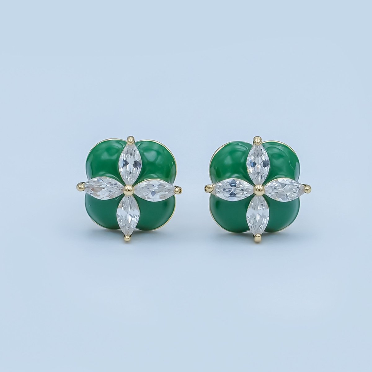 Clear CZ Marquise Red, Green, White Enamel Flower Stud Earrings | AE274 - AE417 - DLUXCA