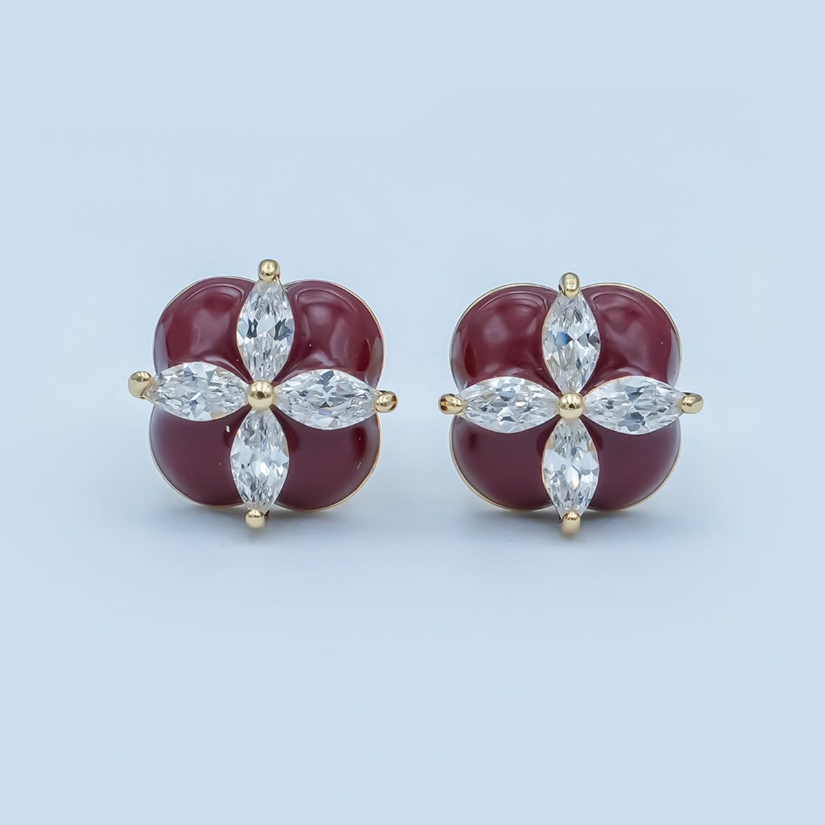 Clear CZ Marquise Red, Green, White Enamel Flower Stud Earrings | AE274 - AE417 - DLUXCA