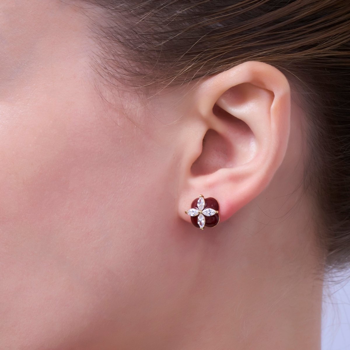 Clear CZ Marquise Red, Green, White Enamel Flower Stud Earrings | AE274 - AE417 - DLUXCA