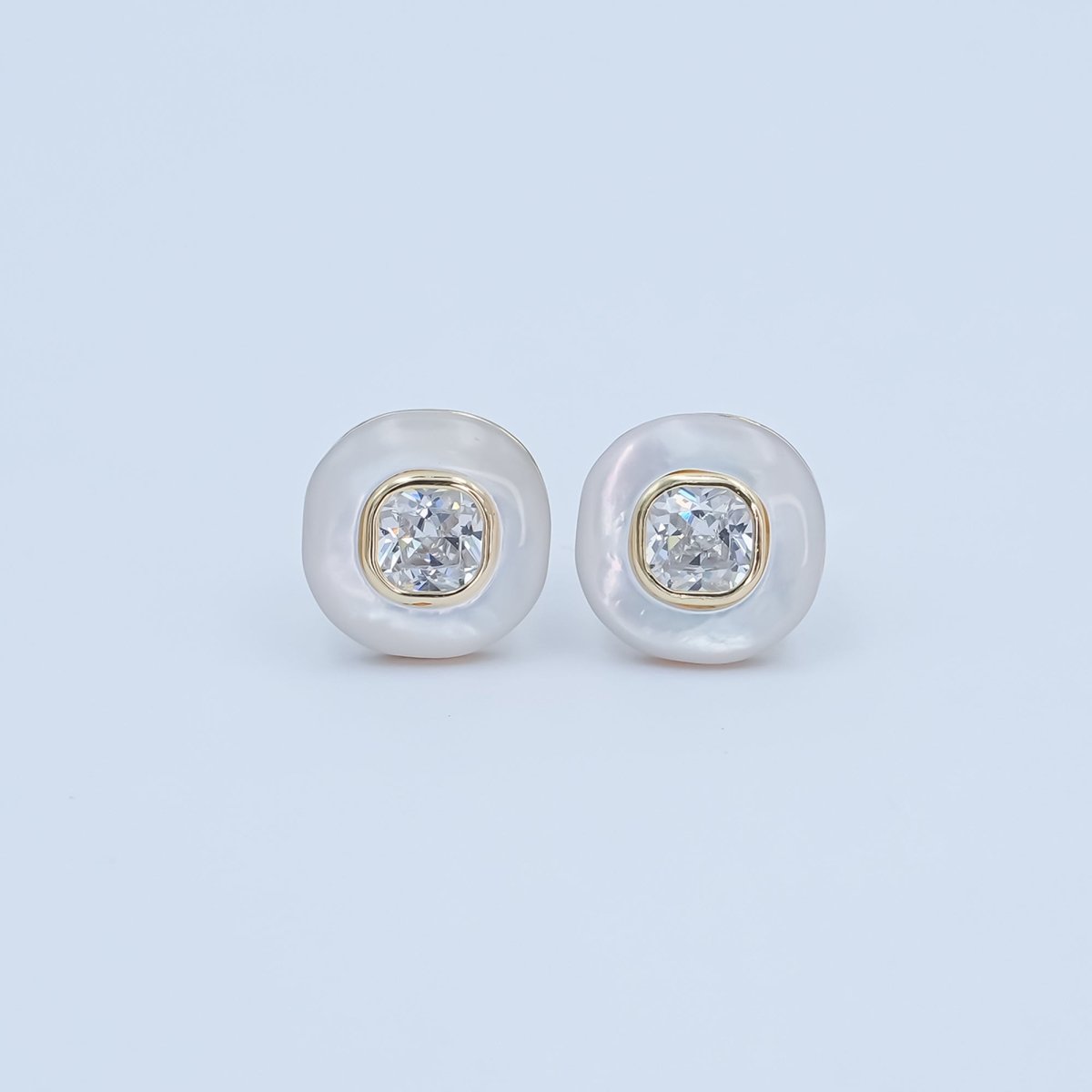 Clear CZ Shell Pearl Square Stud Earrings in Gold & Silver | AE1044 AE1045 - DLUXCA