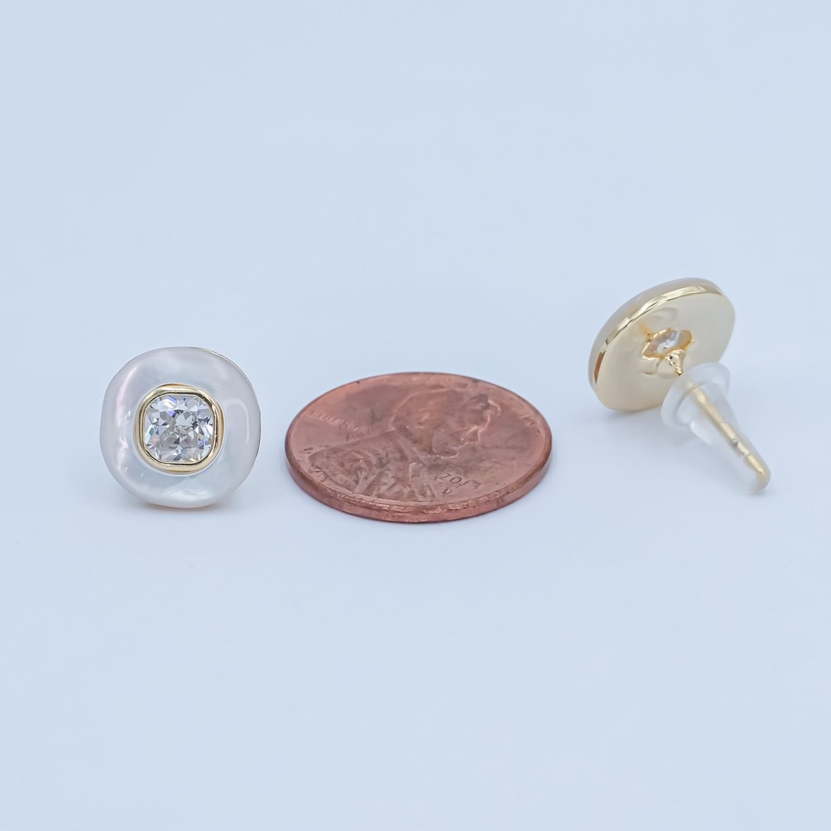 Clear CZ Shell Pearl Square Stud Earrings in Gold & Silver | AE1044 AE1045 - DLUXCA