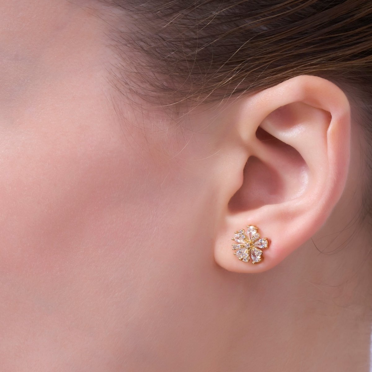 Clear CZ Snowdrop Flower Stud Earrings in Gold & Silver | AB022 AB023 - DLUXCA