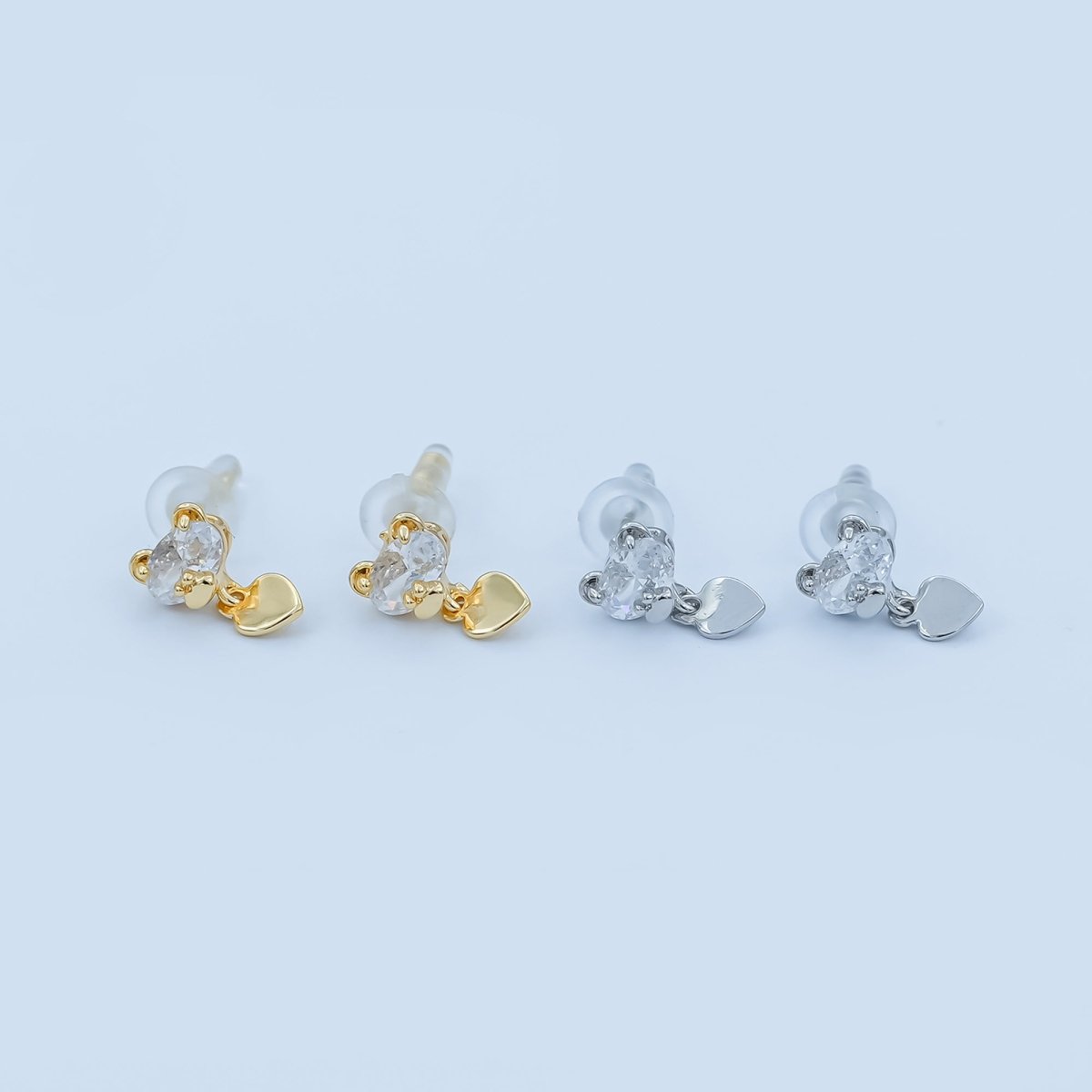 Clear CZ Teddy Bear Heart Drop Stud Earrings in Gold & Silver | AD1468 AD1498 - DLUXCA