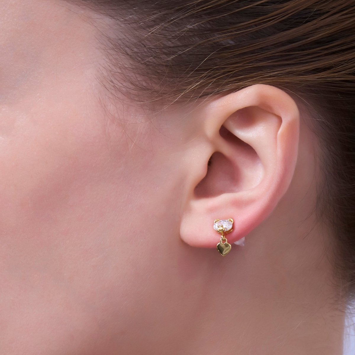 Clear CZ Teddy Bear Heart Drop Stud Earrings in Gold & Silver | AD1468 AD1498 - DLUXCA