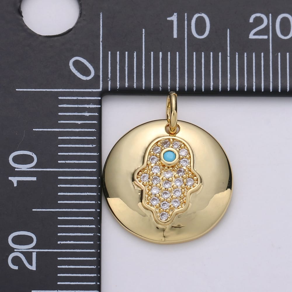 14k Gold Filled 20mm Micro Pave CZ Turquoise Hamsa Hand Bezel Round Charm | D-00678