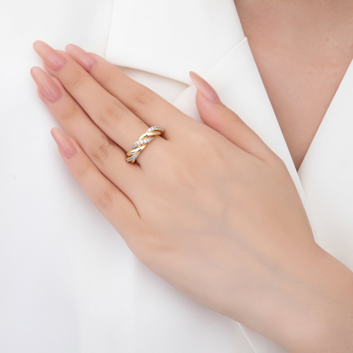 Dainty Mix Metal Gold Braided Ring with CZ Elegant Twist Band Adjustable O - 2114 - DLUXCA