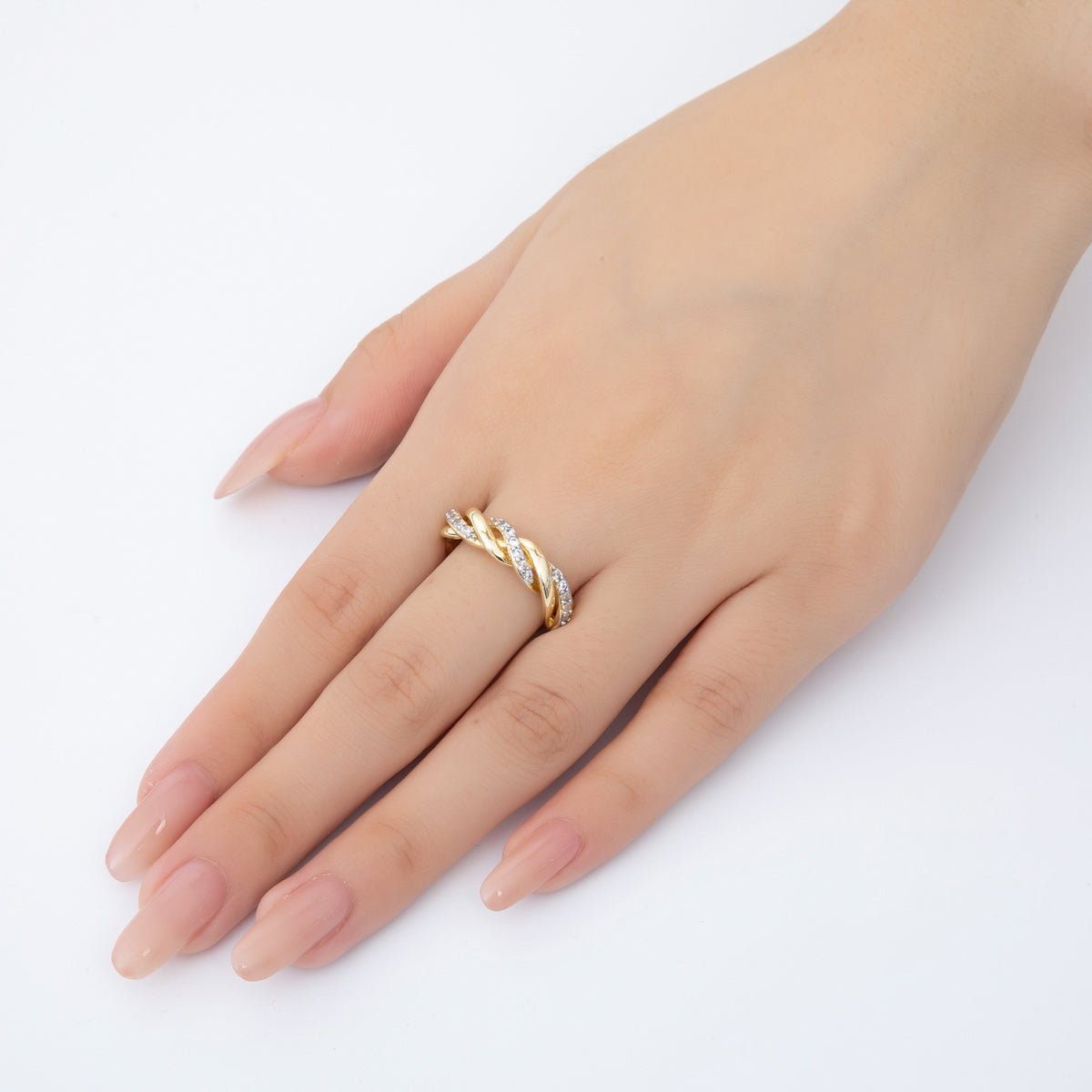 Dainty Mix Metal Gold Braided Ring with CZ Elegant Twist Band Adjustable O - 2114 - DLUXCA