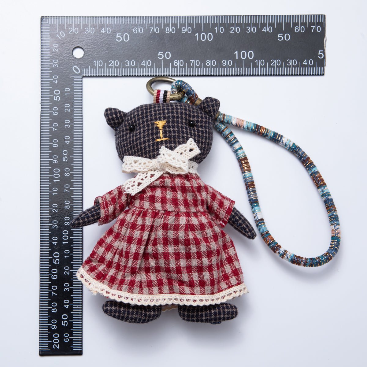 Fabric Doll Gingham Dress And Cardigan Black Teddy Keychain | WB - 00061 - WB - 00062 - DLUXCA