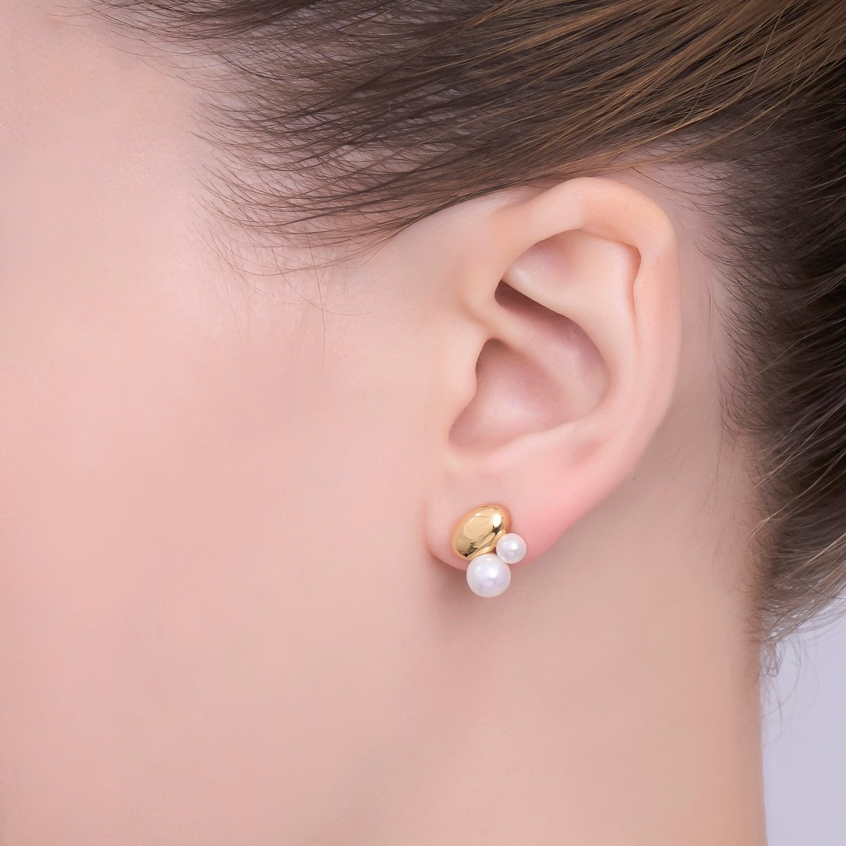 Faux Pearl Bean Stud Earrings in Gold Silver Jewelry AB309 - DLUXCA