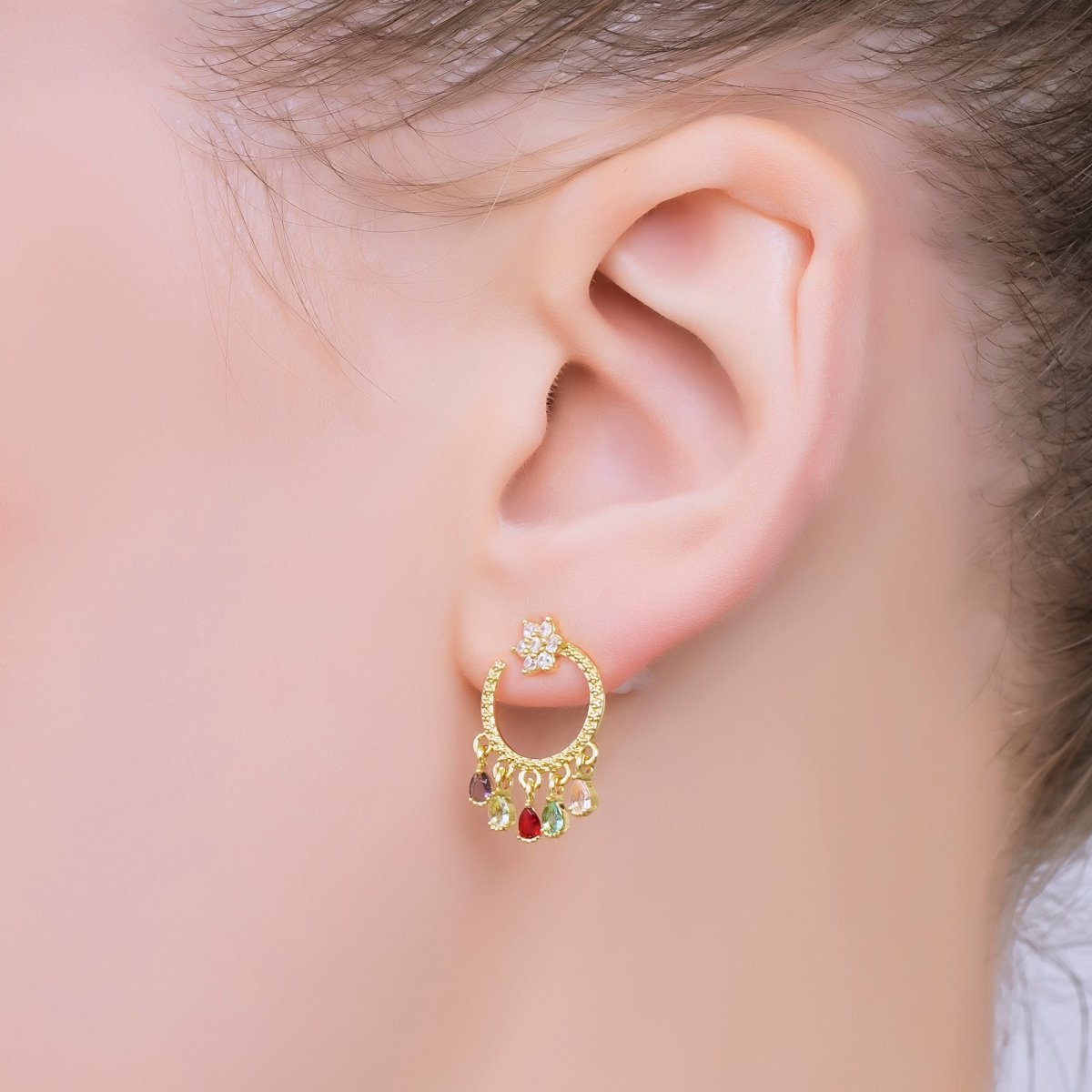 Flower 5 - Teardrop Colorful Multicolor & Micro Paved CZ Studs Earrings in Gold & Silver | AJ - 103 AJ - 117 - DLUXCA