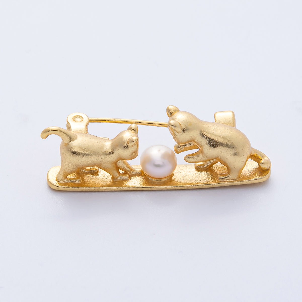 Gold 12mm x 35.7mm Pearl Two Kitten Cats Pet Playing Animal Pin Brooch | BH - 012 - DLUXCA