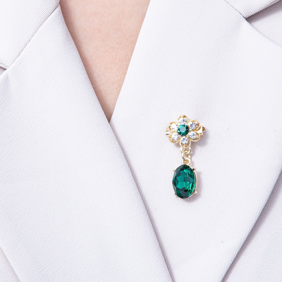 Gold 34.5mm x 15.3mm Green Oval Rhinestone Drop Flower Pin Brooch | BH - 046 - DLUXCA