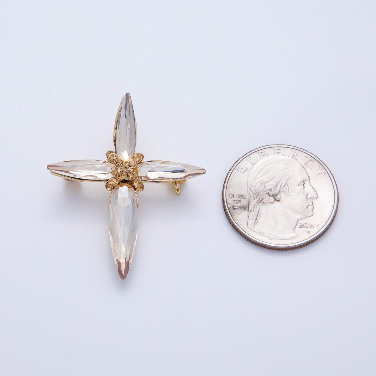 Gold 39mm x 33mm Marquise Rhinestone Tied Cross Pin Brooch | BH - 056 - DLUXCA