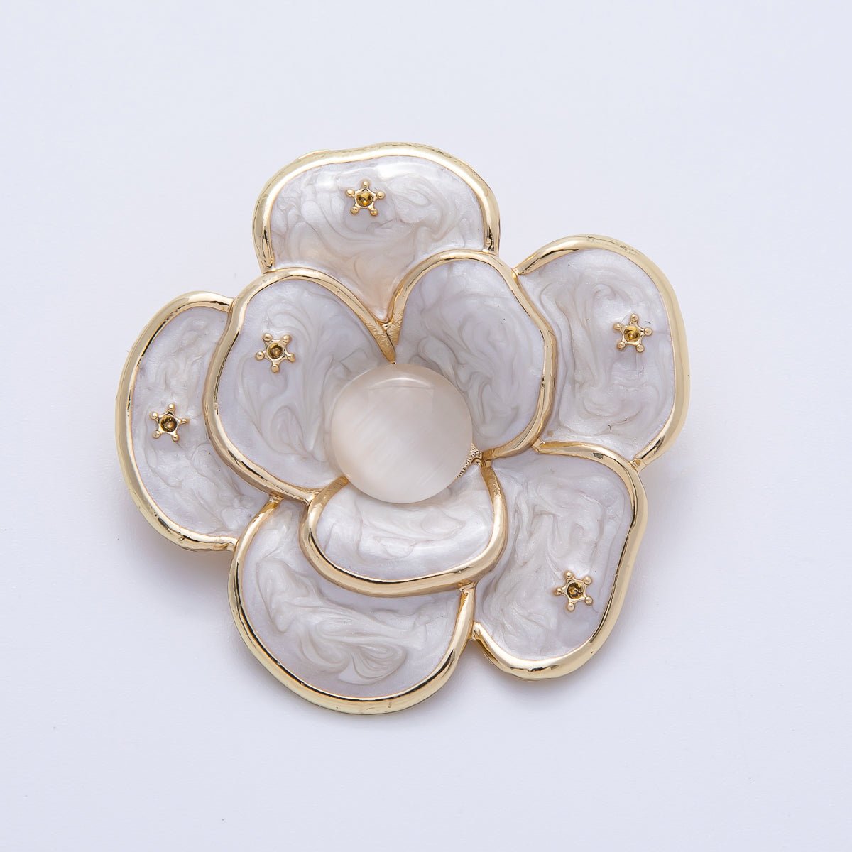 Gold 40mm x 38.4mm White, Green Enamel Flower Pin Brooch | BH - 090 BH - 091 - DLUXCA