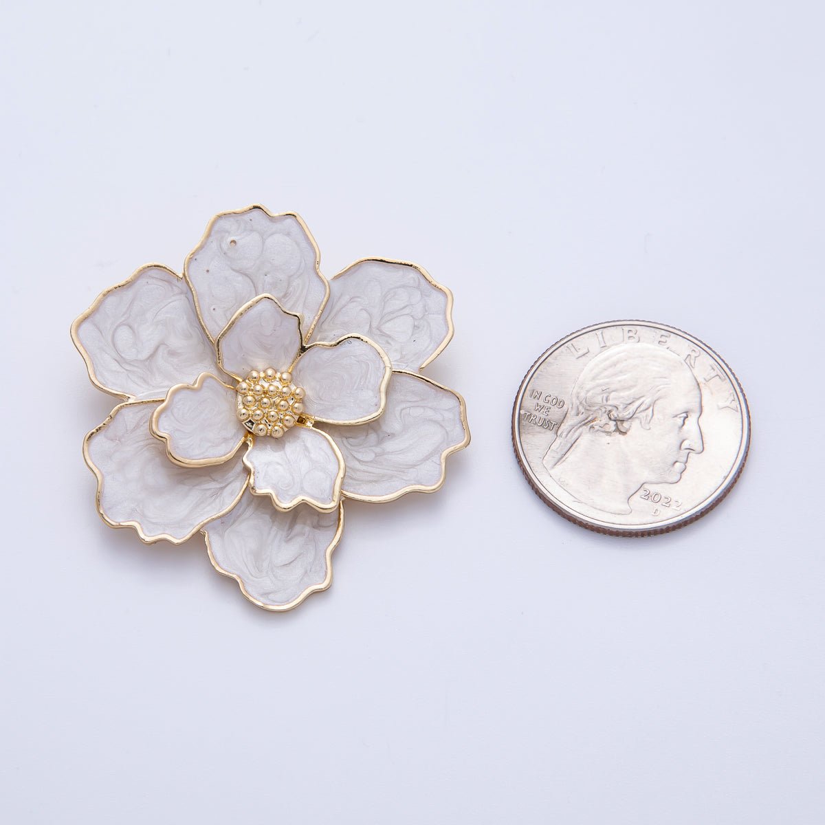Gold 42mm x 34.5mm White Glitter Enamel Flower Pin Brooch | BH - 071 - DLUXCA