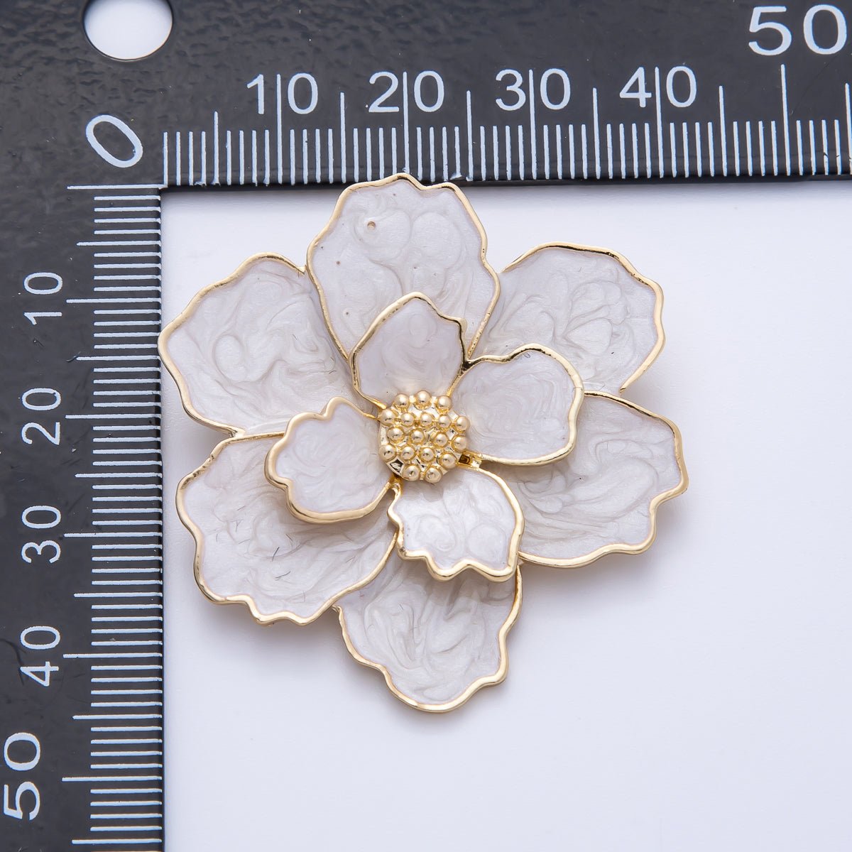 Gold 42mm x 34.5mm White Glitter Enamel Flower Pin Brooch | BH - 071 - DLUXCA