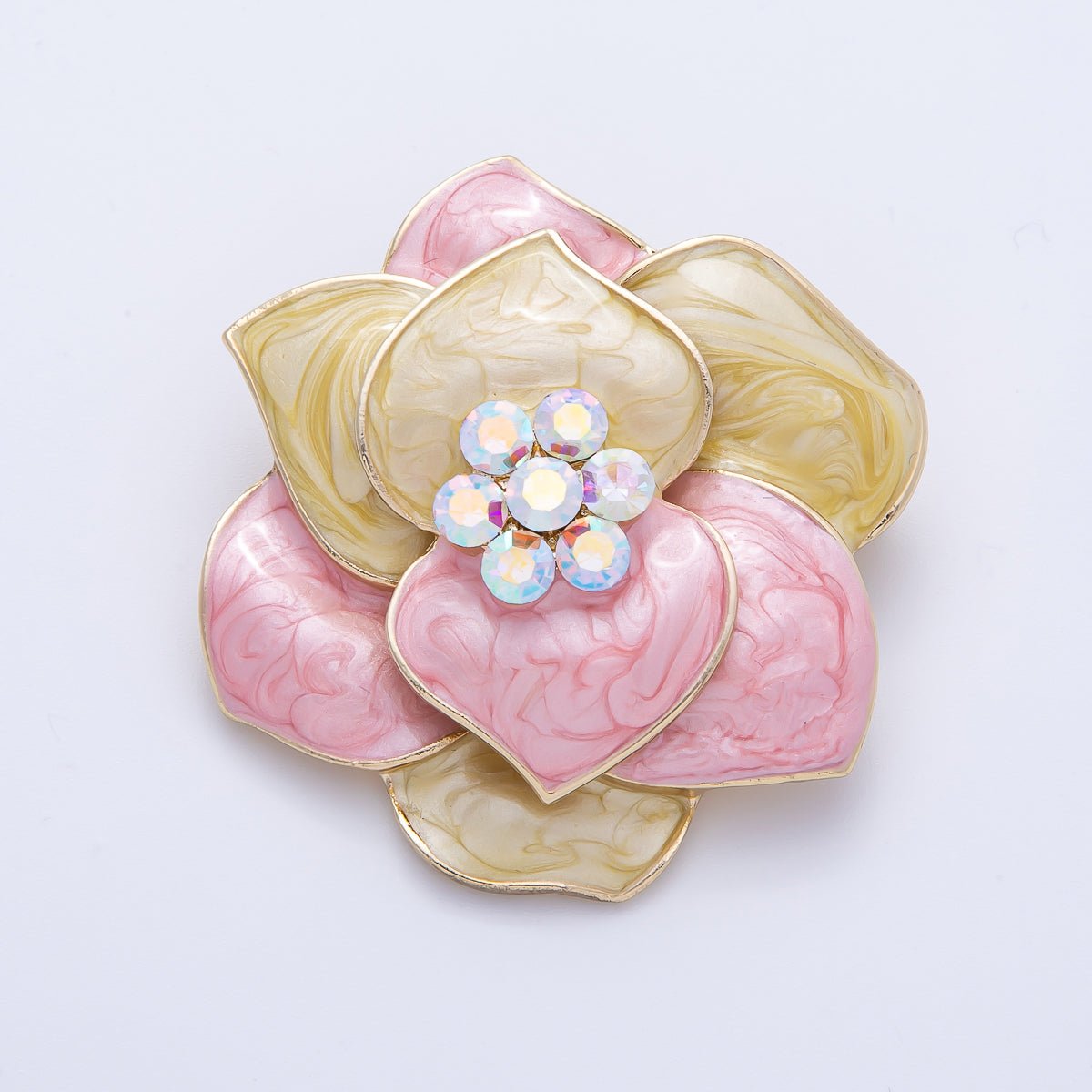 Gold 48.2mm x 38.5mm Rhinestone Yellow Pink Glitter Enamel Flower Pin Brooch | BH - 089 - DLUXCA