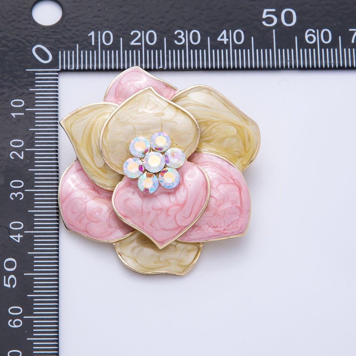 Gold 48.2mm x 38.5mm Rhinestone Yellow Pink Glitter Enamel Flower Pin Brooch | BH - 089 - DLUXCA