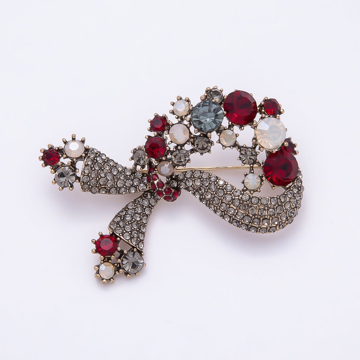 Gold 57mm x 35mm Multicolor Rhinestone Bow Ribbon Pin Brooch | BH - 124 - DLUXCA