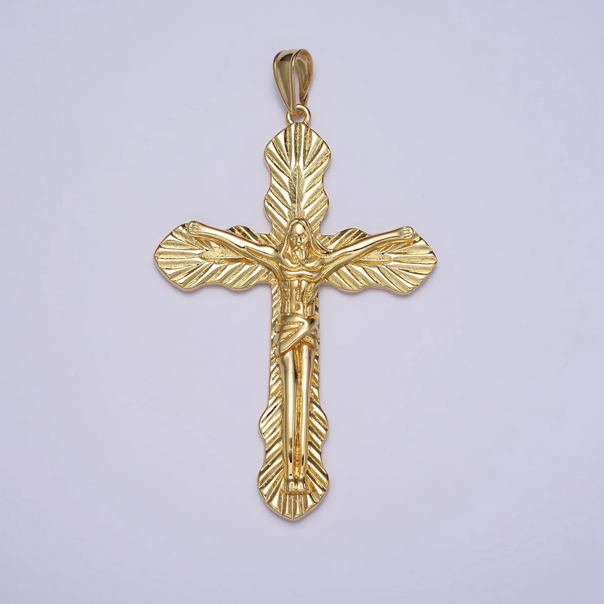 Gold 70mm Crucifix Leaf Textured Fleur Passion Cross Religious Pendant | AA084 - DLUXCA