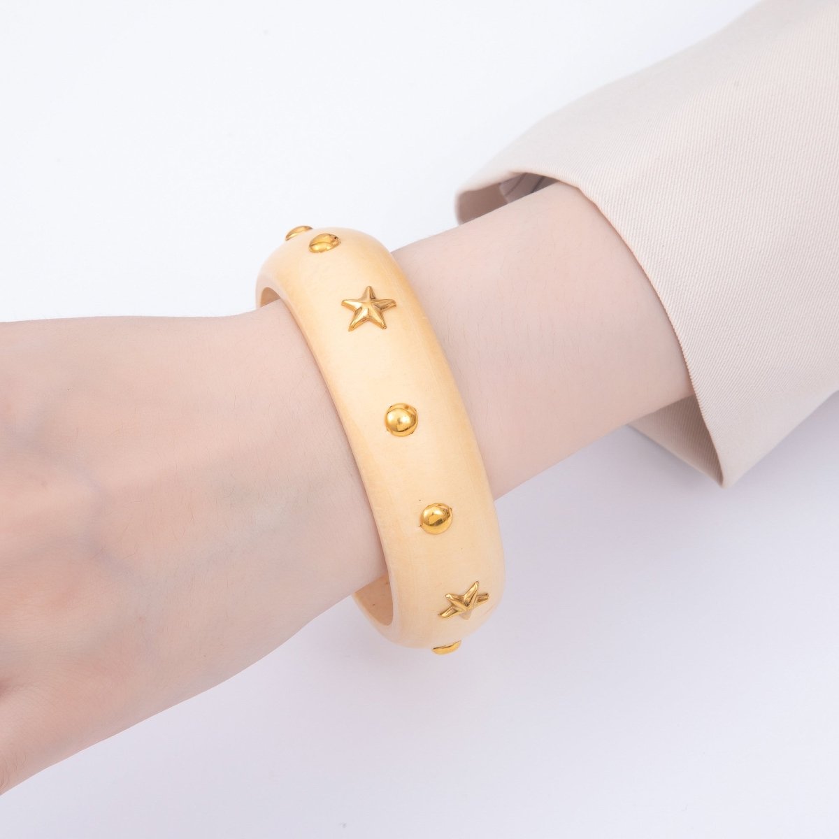 Gold Celestial Star Round Dotted Studded Wood Bangle Bracelet | WA - 04329 WA - 04330 - DLUXCA