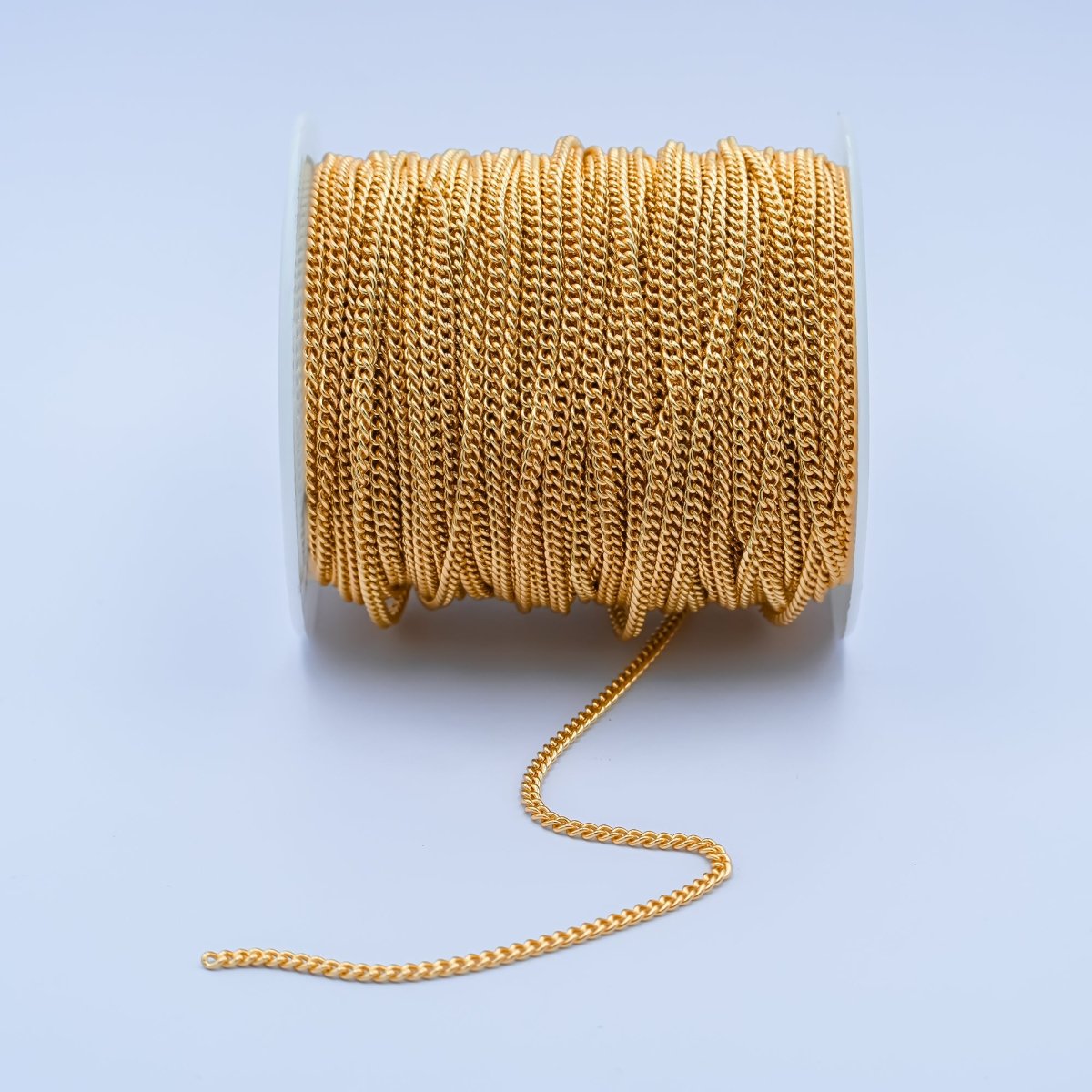 Gold CURB Chain by Yard, Wholesale Bulk Roll Chain For Jewelry Making, Width 2.9mm, 24K Gold Plated, White Gold Plated Matte Unfinished Chain | ROLL - 497, ROLL - 498 Clearance Pricing - DLUXCA