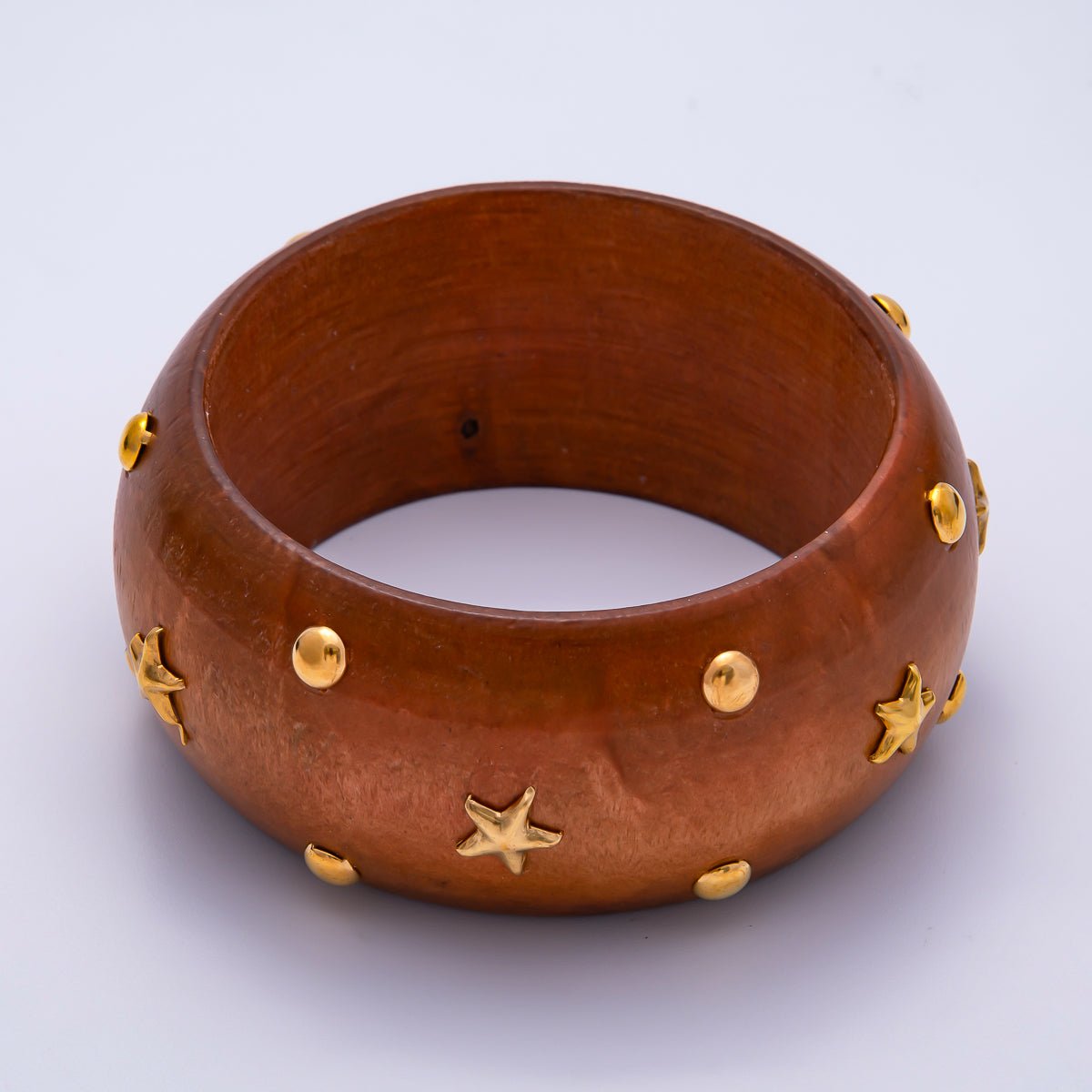 Gold Dotted Studded Round Celestial Star Wood Wide Bangle Bracelet in Brown, Light Brown, Black | WA - 04293 ~ WA - 04295 - DLUXCA