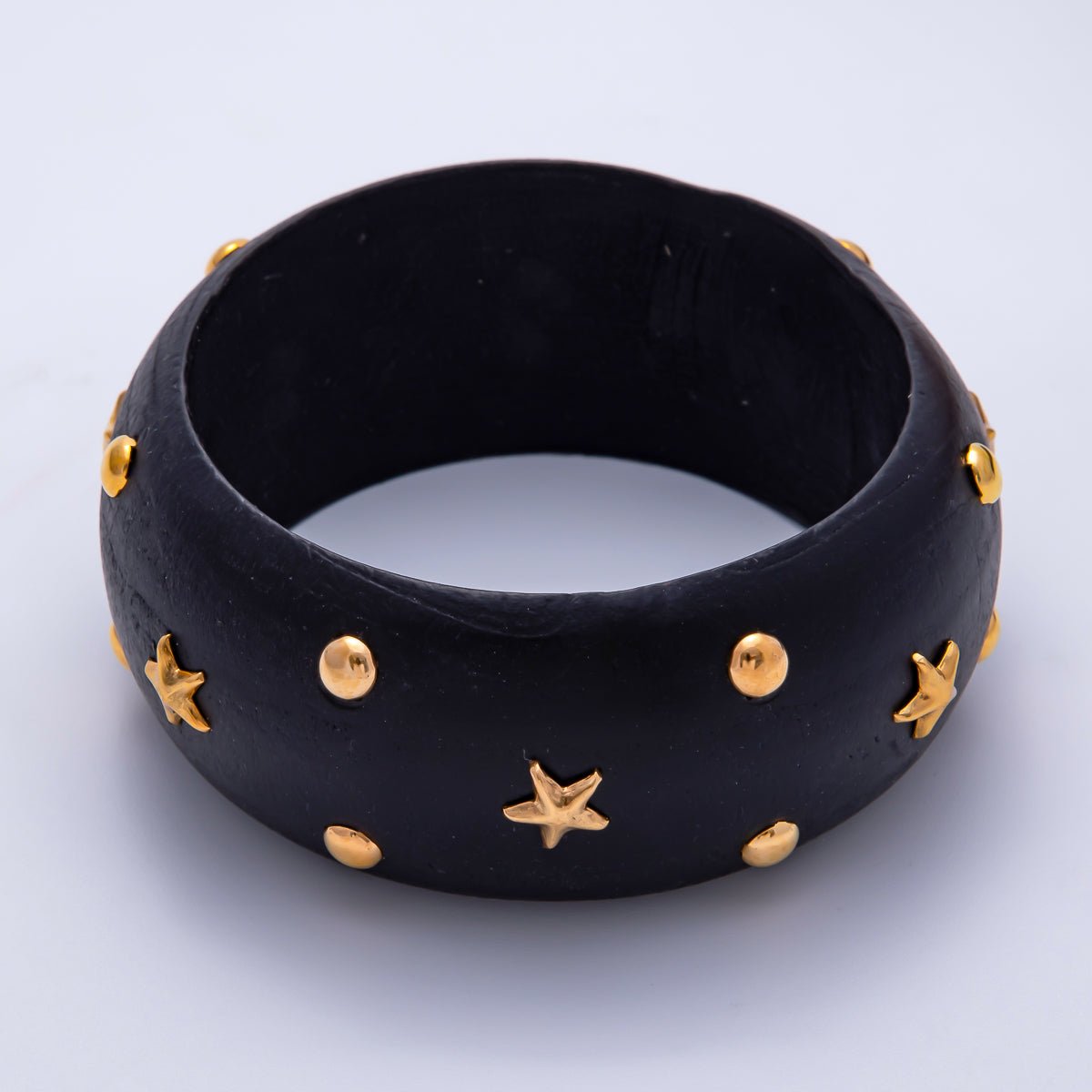 Gold Dotted Studded Round Celestial Star Wood Wide Bangle Bracelet in Brown, Light Brown, Black | WA - 04293 ~ WA - 04295 - DLUXCA