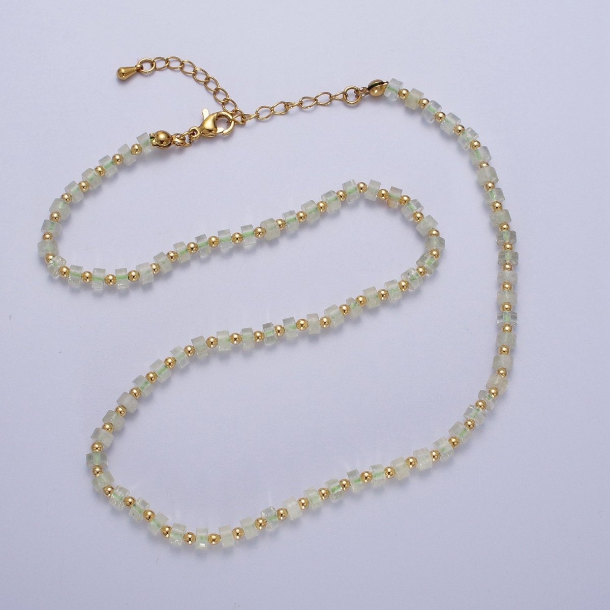 Gold Filled Green Prehnite Rondelle Heishi Gemstone Gold Spacer Beads 16 Inch Choker Necklace | WA - 1436 - DLUXCA