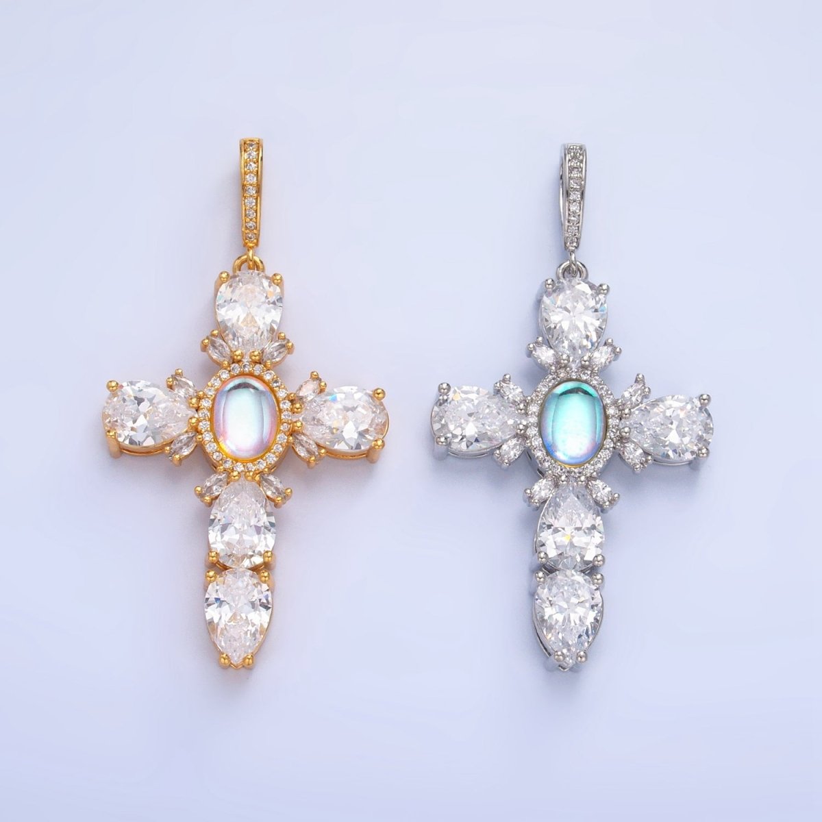 Gold Filled Statement Cross Rainbow Moonstone Pendant Big Cubic Zirconia Cross pendant - Vintage Silver cross - June birthstone J - 367 J - 375 - DLUXCA