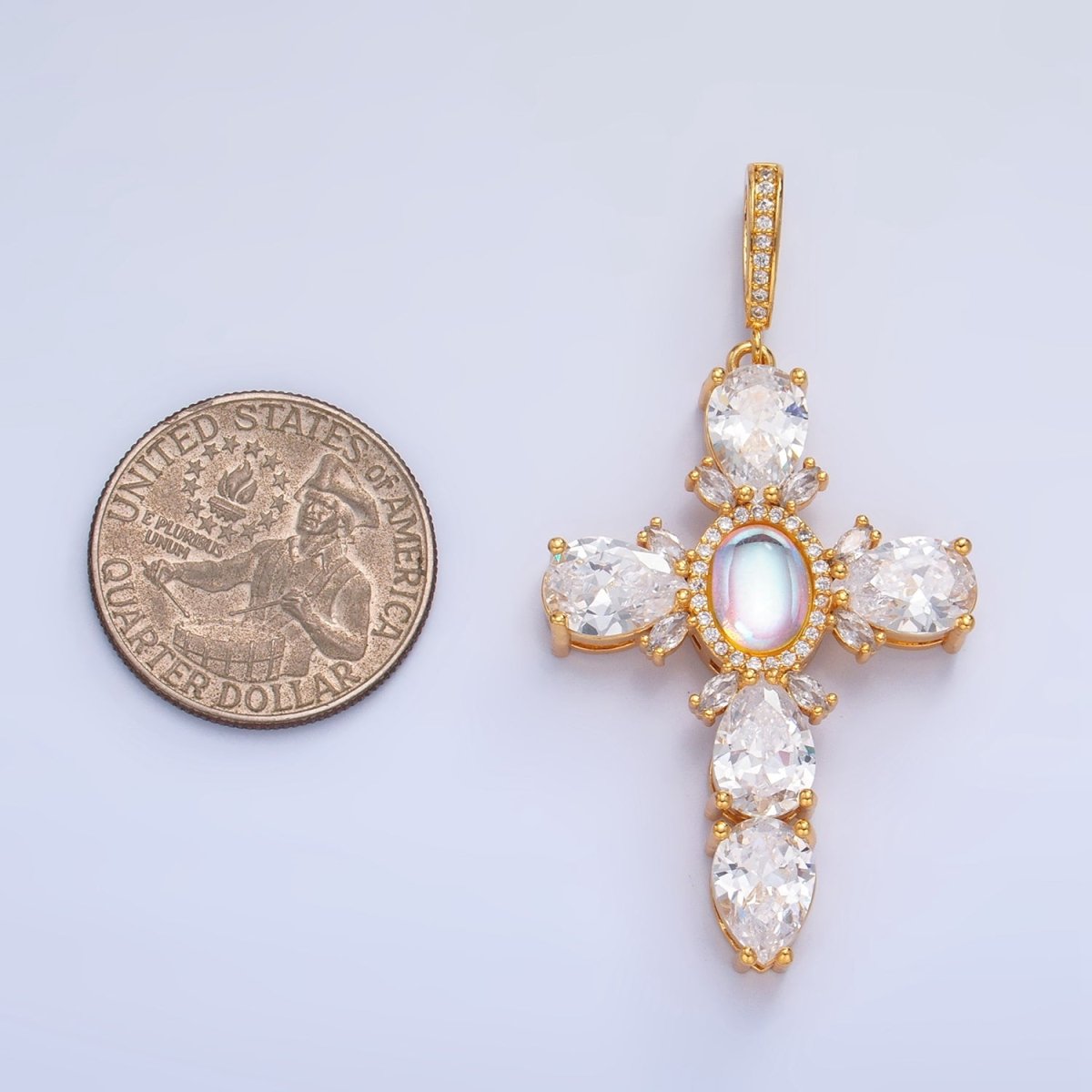 Gold Filled Statement Cross Rainbow Moonstone Pendant Big Cubic Zirconia Cross pendant - Vintage Silver cross - June birthstone J - 367 J - 375 - DLUXCA