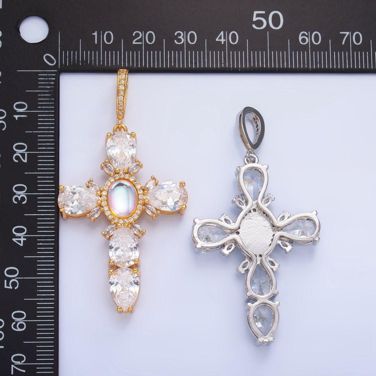 Gold Filled Statement Cross Rainbow Moonstone Pendant Big Cubic Zirconia Cross pendant - Vintage Silver cross - June birthstone J - 367 J - 375 - DLUXCA