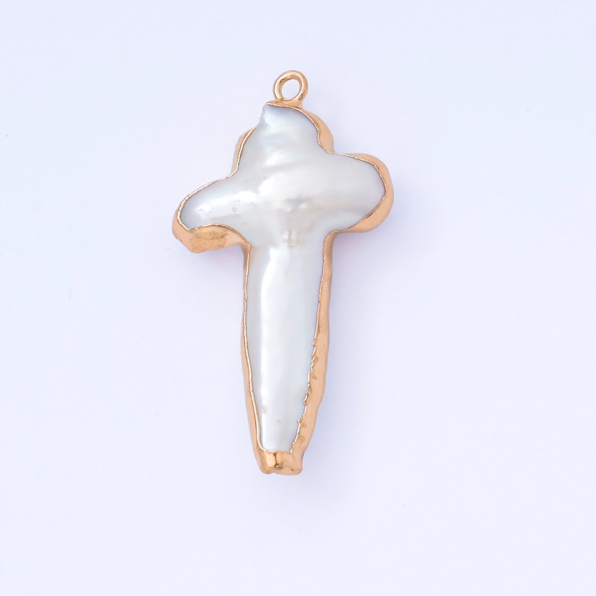 Gold Plated 31mm Baroque White Freshwater Pearl Religious Christian Cross Drop Charm | AF572 - DLUXCA