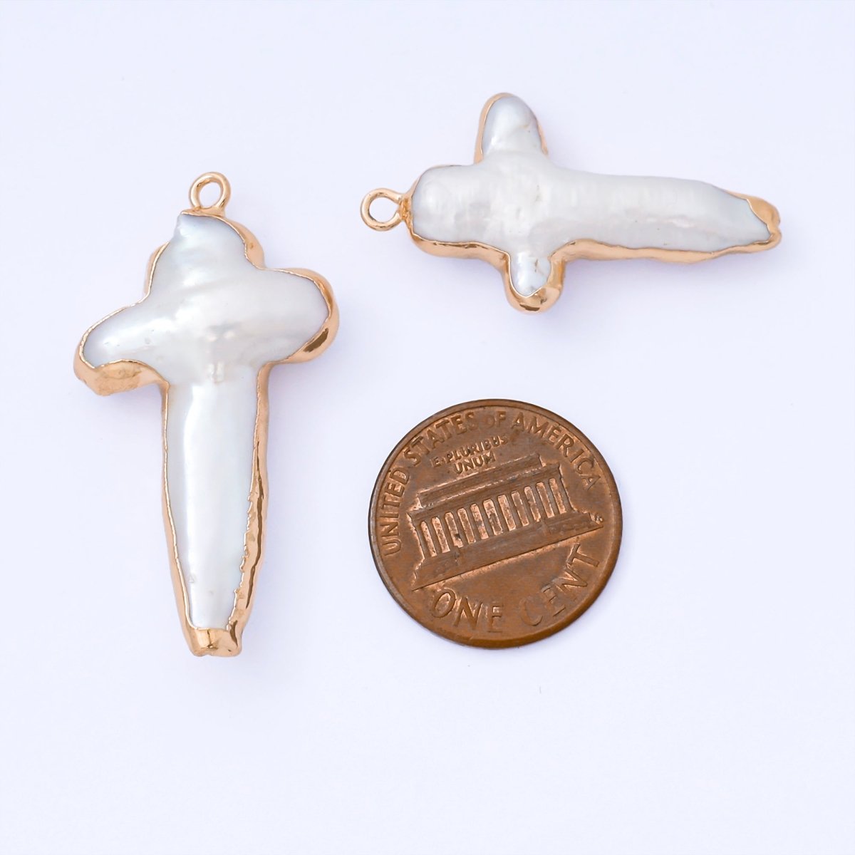 Gold Plated 31mm Baroque White Freshwater Pearl Religious Christian Cross Drop Charm | AF572 - DLUXCA