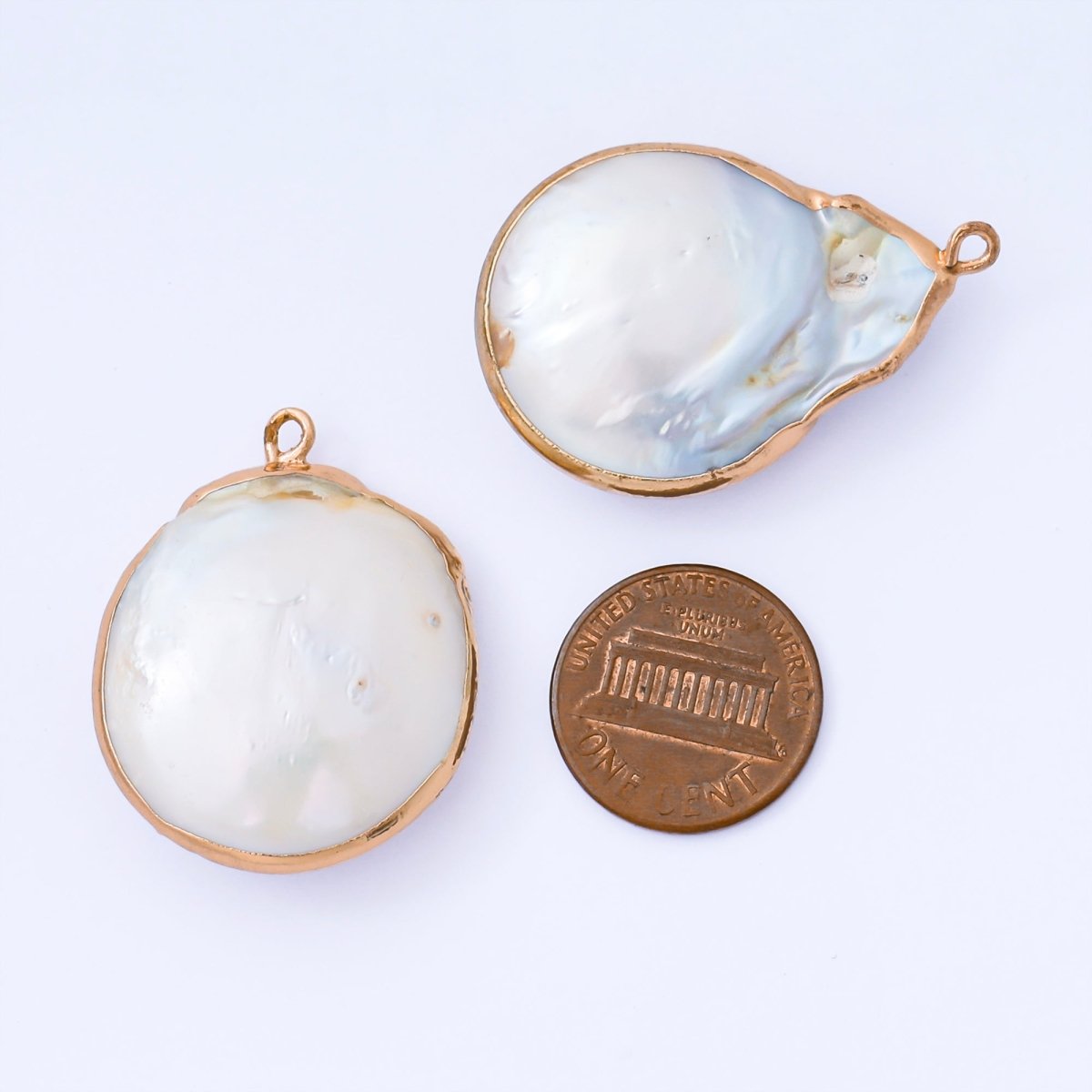 Gold Plated 33mm Baroque White Freshwater Pearl Chunky Circle Round Drop Charm | AF571 - DLUXCA
