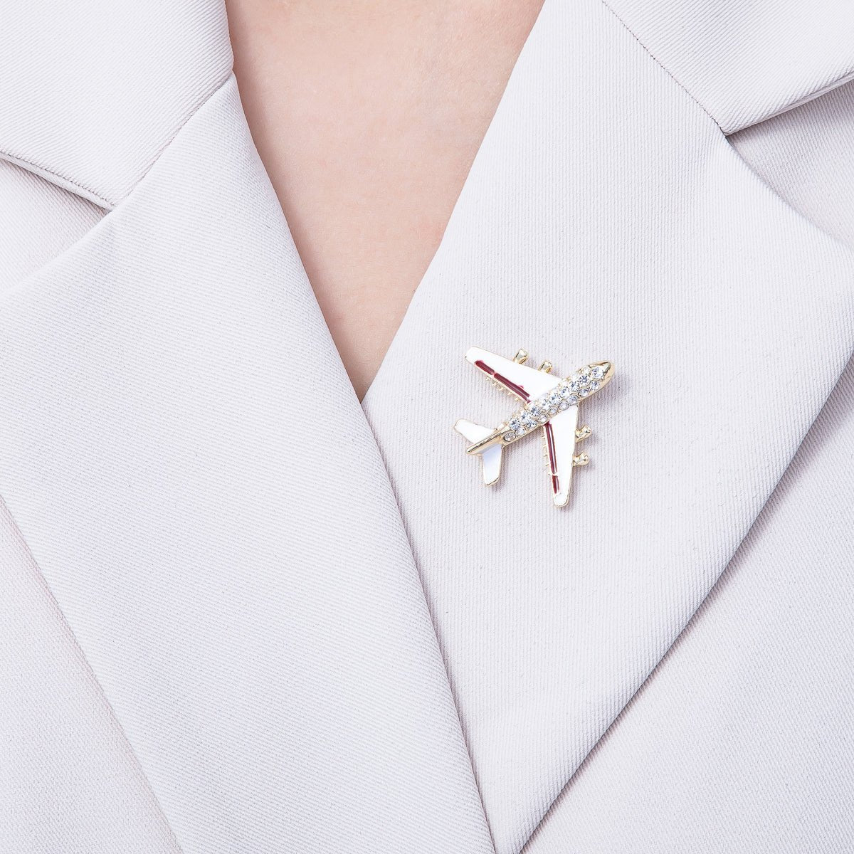 Gold Rhinestone White Enamel Airplane Travel Pin Brooch | BH - 051 - DLUXCA
