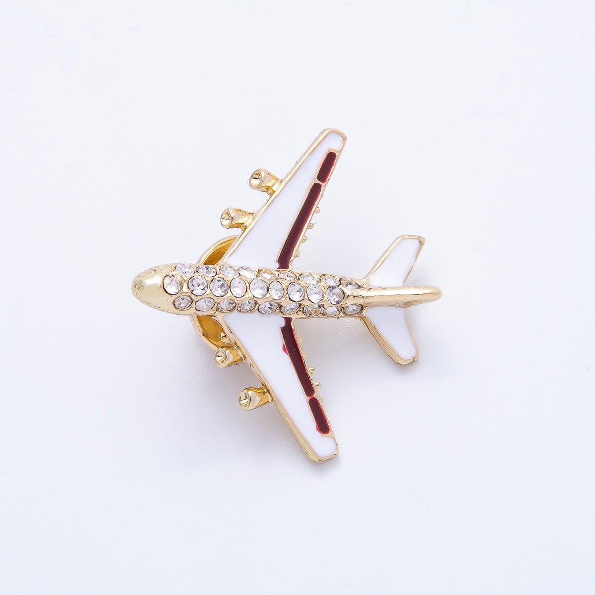 Gold Rhinestone White Enamel Airplane Travel Pin Brooch | BH - 051 - DLUXCA
