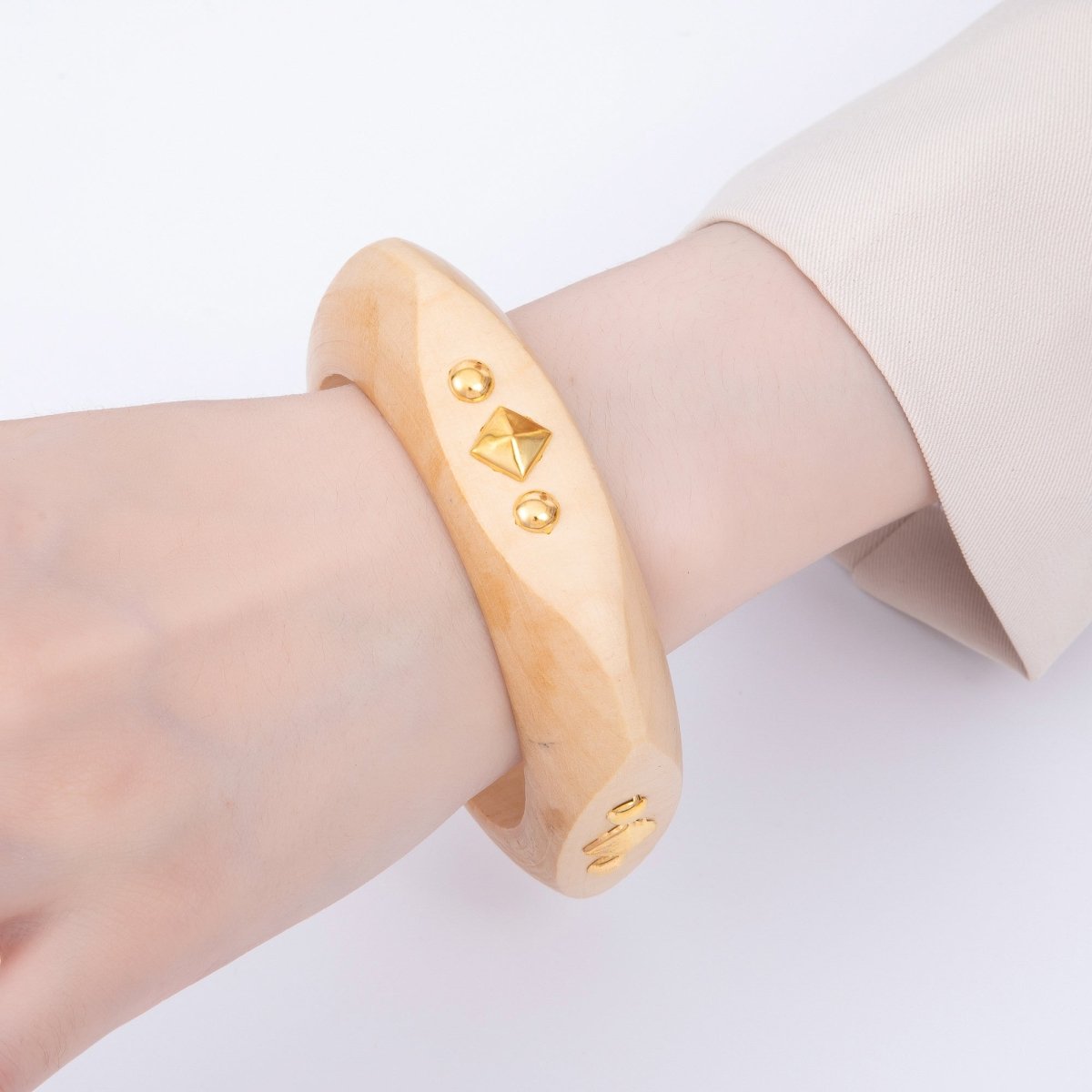 Gold Rhombus Round Dotted Studded Wood Square Bangle Bracelet | WA - 04323 ~ WA - 04325 - DLUXCA