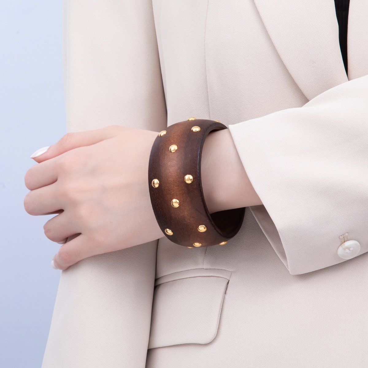 Gold Round Dotted Studded Brown Wood Wide Bangle Bracelet | WA - 04296 - DLUXCA