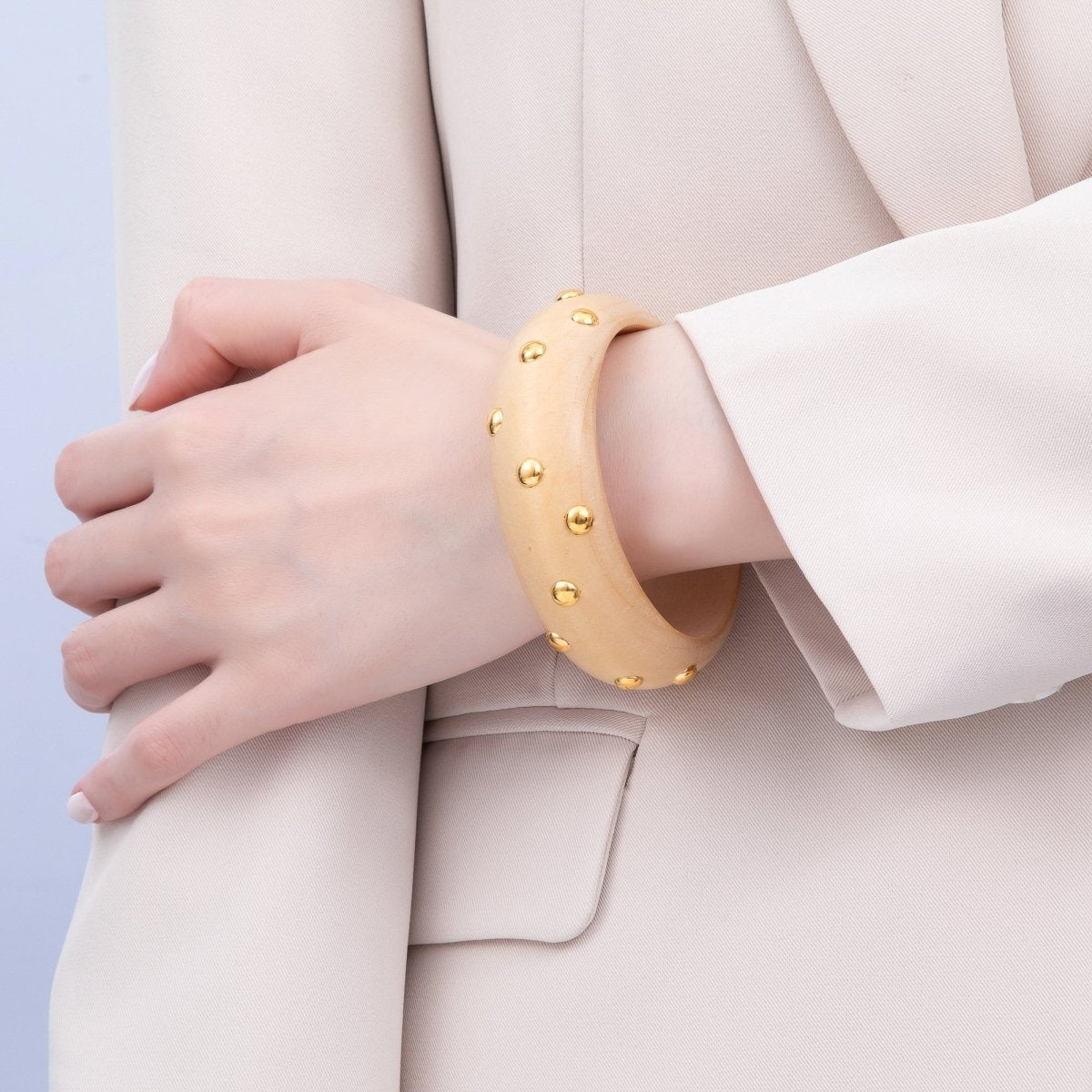 Gold Round Dotted Studded Light Brown Wood Bangle Bracelet | WA - 04328 - DLUXCA