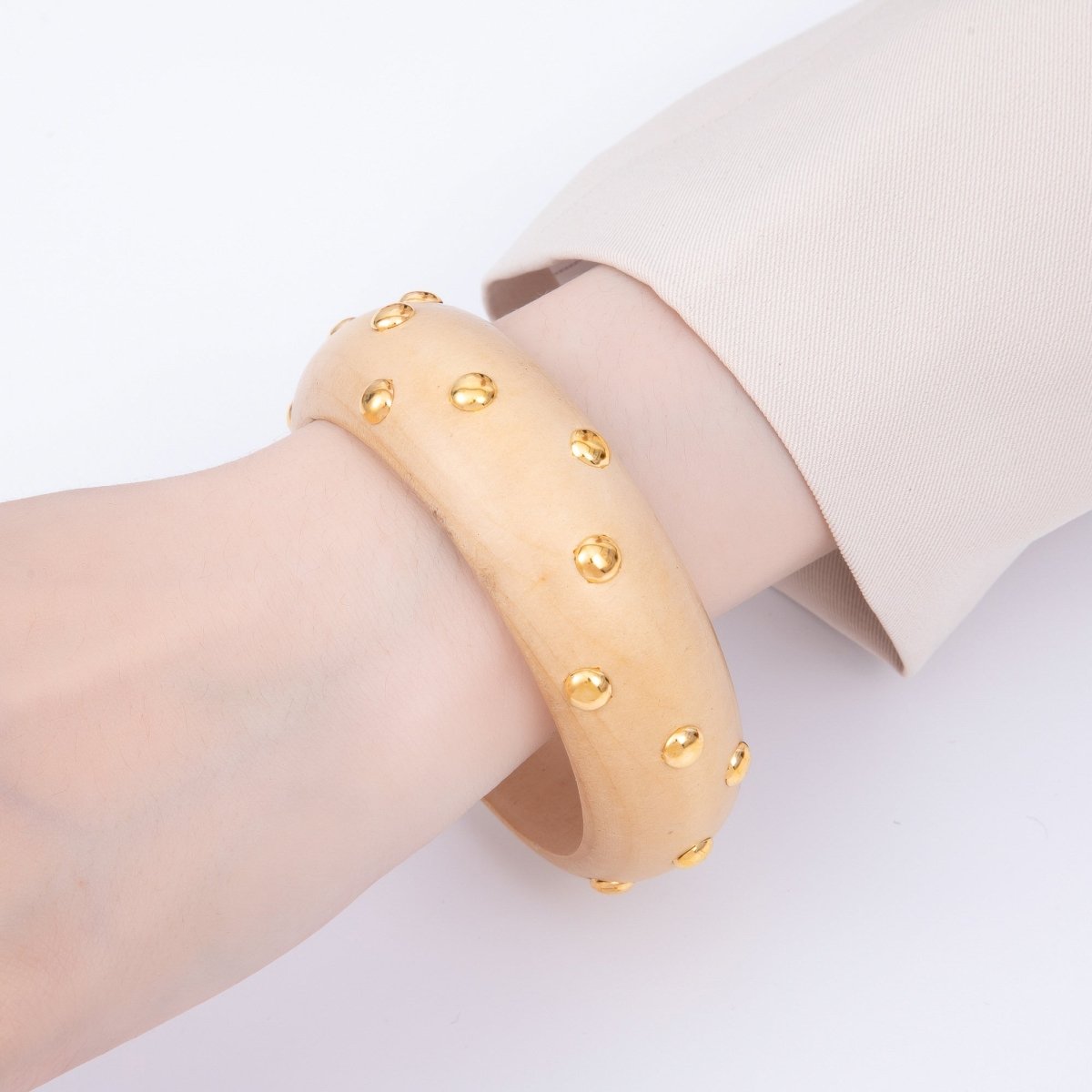 Gold Round Dotted Studded Light Brown Wood Bangle Bracelet | WA - 04328 - DLUXCA