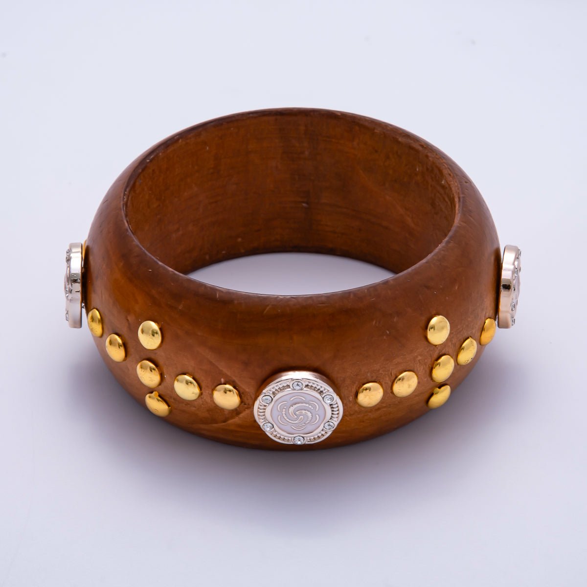 Gold Round Dotted Studded Rose Flower Cross Wood Bangle Bracelet | WA - 04326 WA - 04327 - DLUXCA