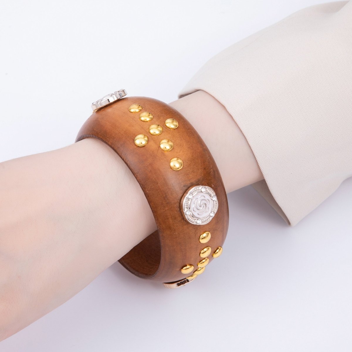 Gold Round Dotted Studded Rose Flower Cross Wood Bangle Bracelet | WA - 04326 WA - 04327 - DLUXCA