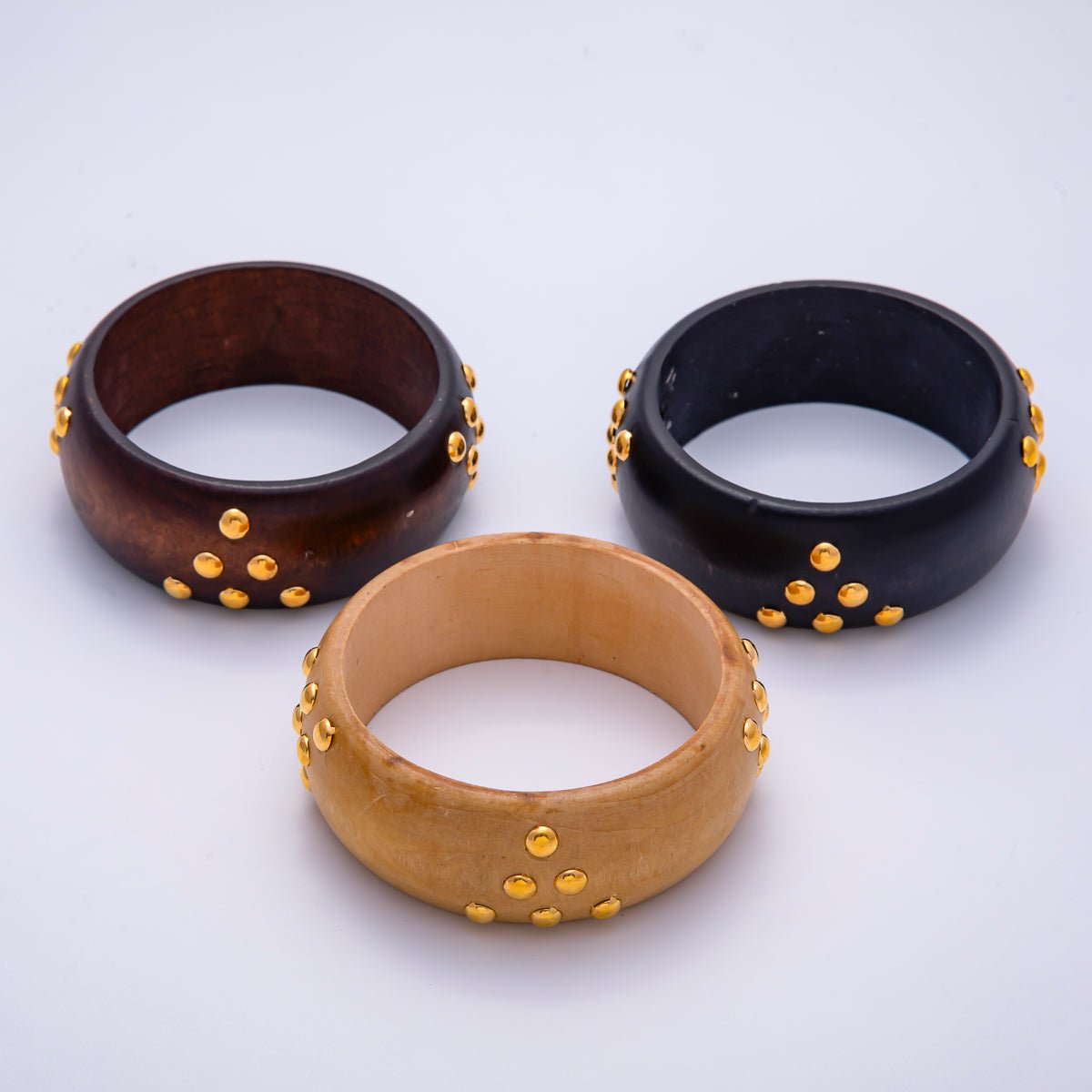 Gold Round Dotted Studded Triangle Wood Bangle Bracelet | WA - 04320 ~ WA - 04322 - DLUXCA