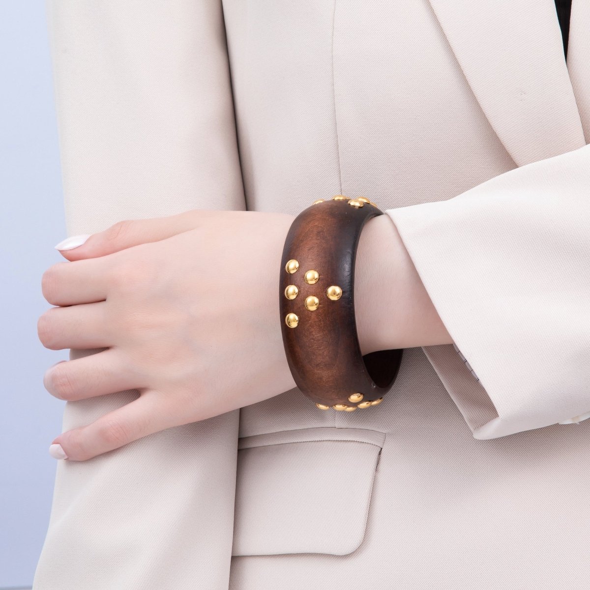 Gold Round Dotted Studded Triangle Wood Bangle Bracelet | WA - 04320 ~ WA - 04322 - DLUXCA