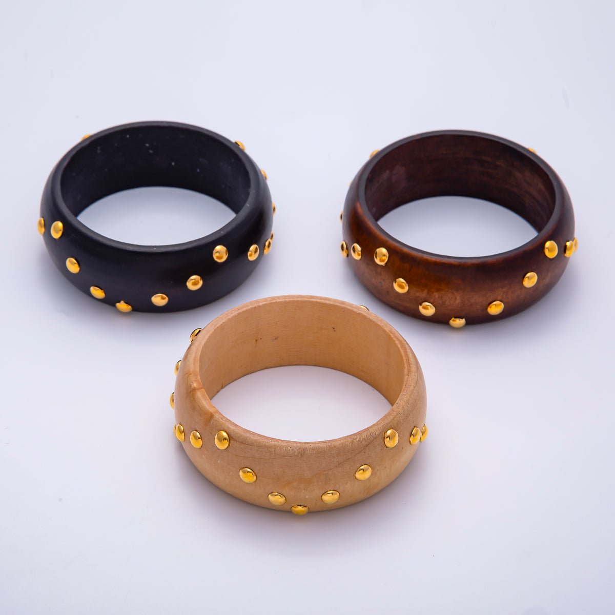Gold Round Dotted Studded Wood Bangle Bracelet | WA - 04317 ~ WA - 04319 - DLUXCA