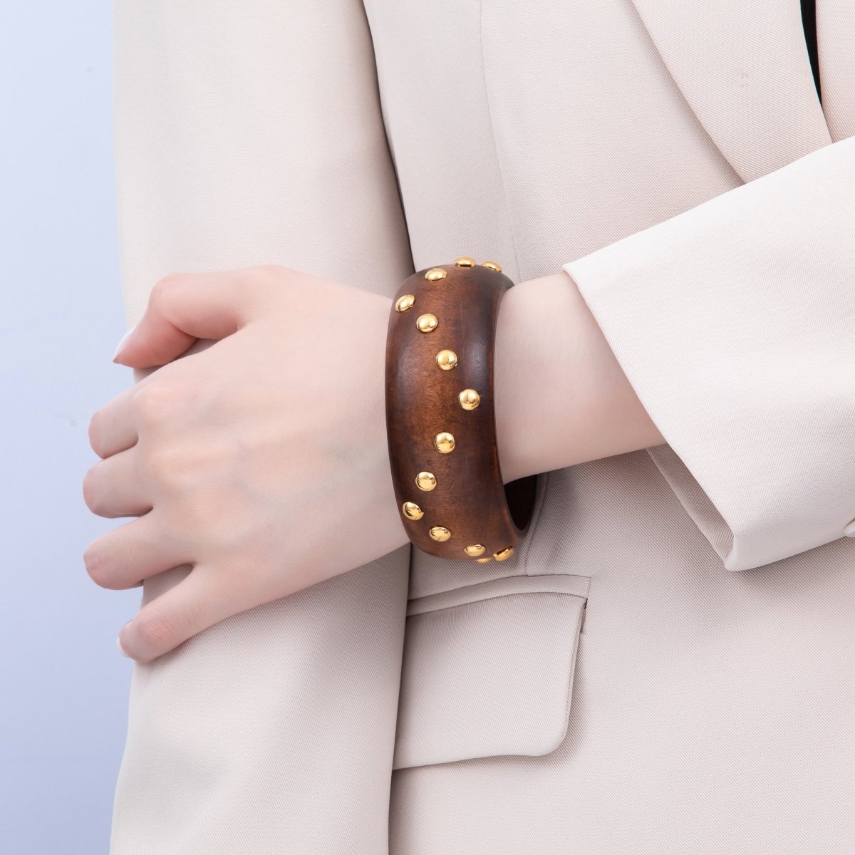 Gold Round Dotted Studded Wood Bangle Bracelet | WA - 04317 ~ WA - 04319 - DLUXCA