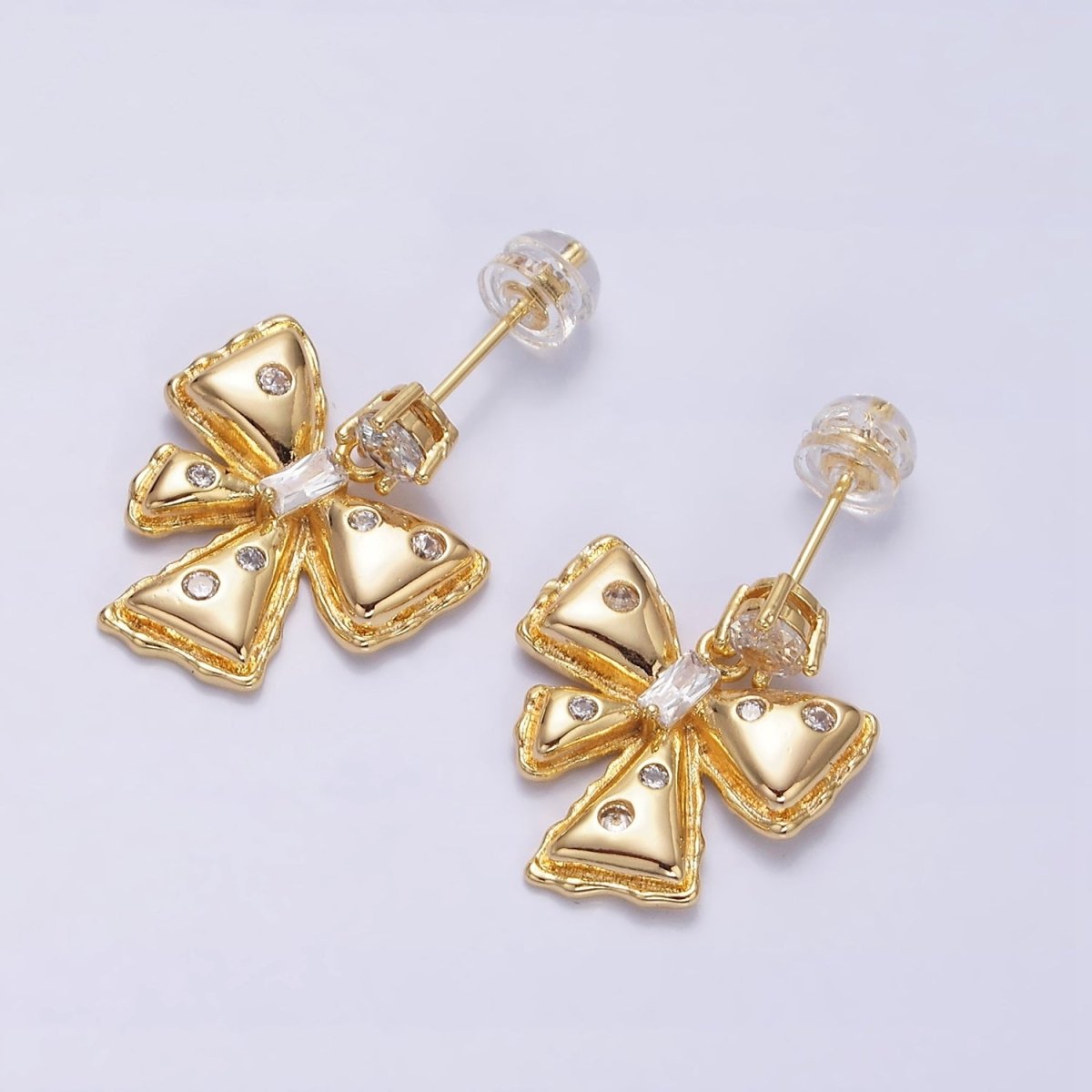 Gold, Silver and Gold Ribbon Bow Puffed CZ Dotted Baguette Teardrop Drop Stud Earrings | AD982 - AD983 - DLUXCA